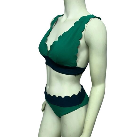 Cupshe Green Bikini Navy Blue Scalloped Trim Padded Triangle Top Size Medium - Picture 4 of 13